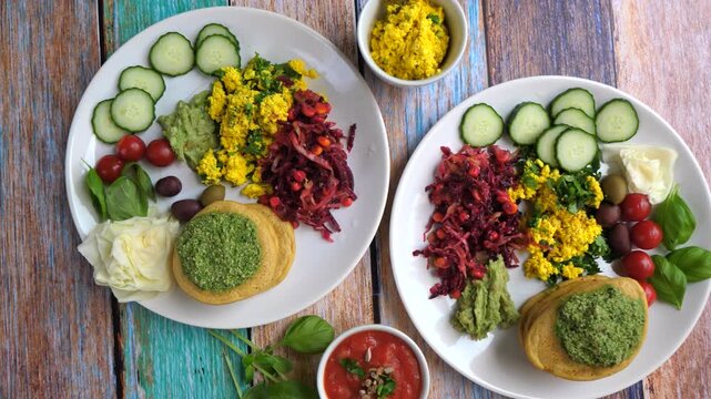 Top view of a person serving a colorful and healthy vegan brunch with pancakes, pesto, tofu scramble, fresh vegetables, and dipping sauces on a vibrant wooden table for two people