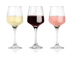 Obraz premium Rose, red and white wine in glasses on transparent background