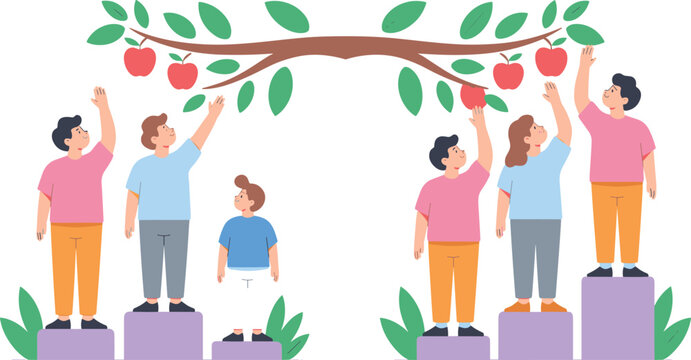 Vector illustration of equality versus equity concept showing people on blocks reaching apples from tree branch with fair support