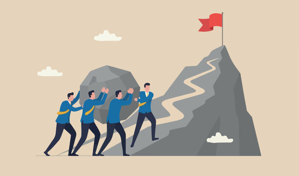 Perseverance, grit or persistence to push effort to success, resilience and strength pushing success concept, as businessman pushing heavy boulder mountain red flag peak