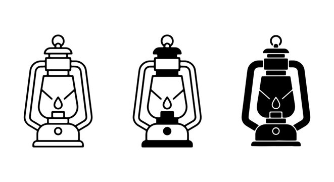 Vintage Lantern Icons, Retro Oil Lamp Vector Set, Classic Kerosene Light Illustrations