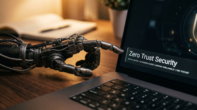 Robotic hand interacting with zero trust security interface on laptop.