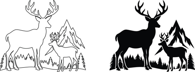 Fototapeta premium Deer family with mountains silhouette outline graphic design element.