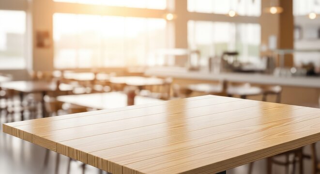 Empty wooden table top sits in the foreground with a blurred, sunlit cafeteria interior in the background, perfect for a product display, furniture, canteen, top