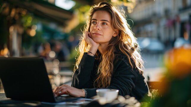 Young woman with laptop and coffee cup in sunlit outdoor cafe, deep in thought