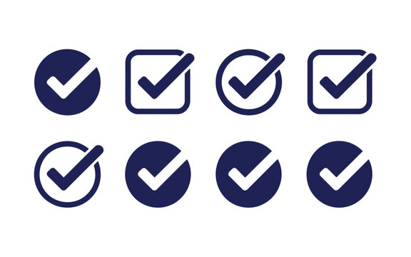Checkmark vector icon set with tick, done, vote, correct, and approve symbols for confirmation, task completion, checklist, and UI design projects