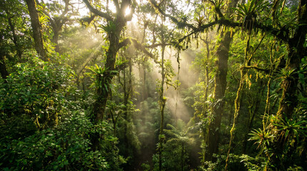 Fototapeta premium Sun rays filtering through dense tropical rainforest canopy with moss-covered trees and lush vegetation