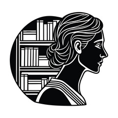 Black and white vector woman reading, bookworm icon, profile portrait, library background © NURSABAISLAM