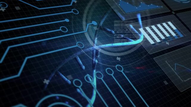 Double helix rotating, brightening while scan glow passing over helix, circuit analyzing identity