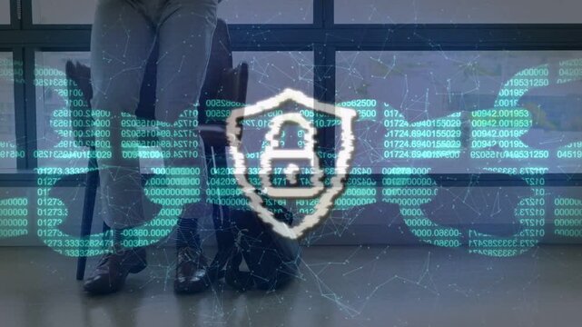 Commuter tapping phone at window, cyber overlay appearing and glitching while grabbing bag leaving