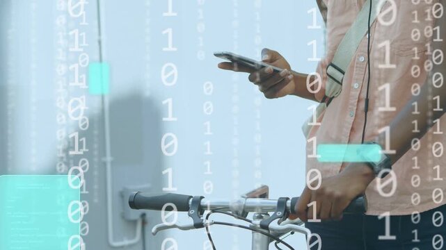 Female commuter checking route on phone gripping bars tapping causing tech HUD rising across wall