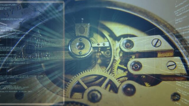 Camera shifting inward, brass movement showing gears while balance oscillating, highlighting detail
