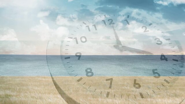 On play translucent analog clock hands sweeping clockwise over calm coast, showing passage of time