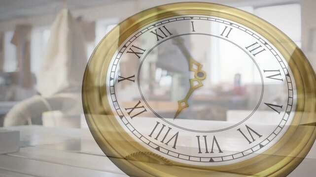 Playback starting, translucent brass clock rotating clockwise over blurred room, hands marking time