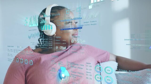 Woman sitting on sofa hearing audio, turning to window and relaxing with finance charts overlaying
