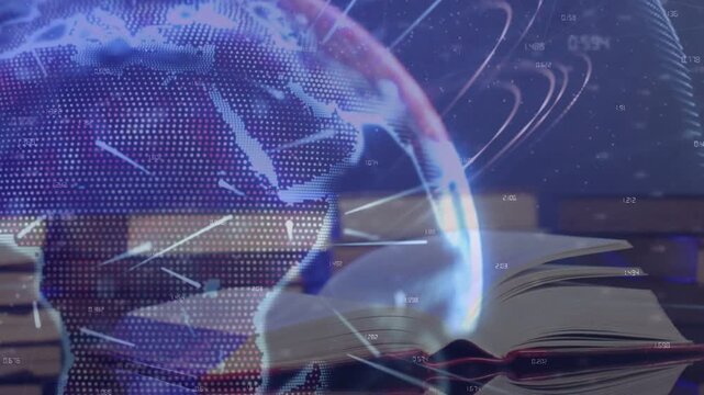 Overlay activating, dotted globe rotating right while streaks and data mapping open book pages