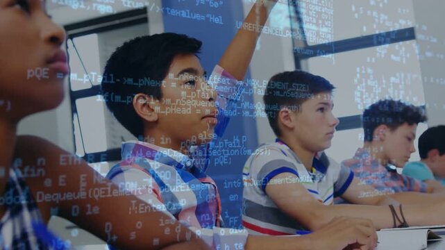 Central boy raising hand after teacher cue, code overlay projecting over students, seeking answer