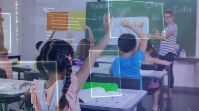 Braided girl raising hand to answer after teacher calling, peers raising, edu UI overlays expanding