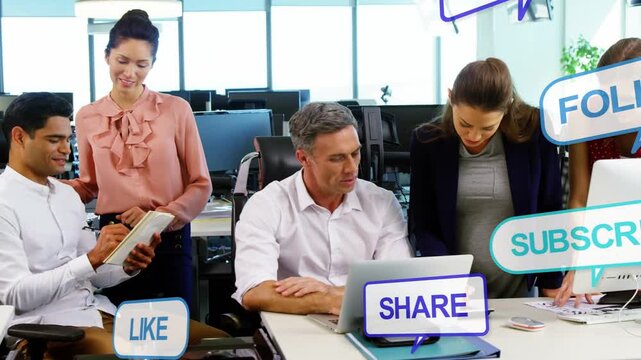Team around laptop tablet tapping causing social LIKE SHARE TWEET bubbles rising boosting marketing
