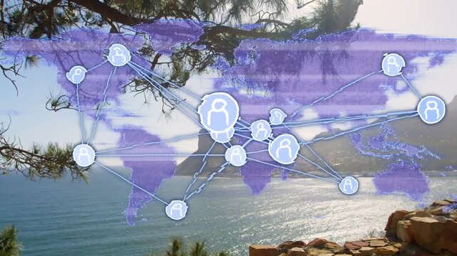 On load translucent map overlay expanding over sea, nodes pulsing, linking, showing global network
