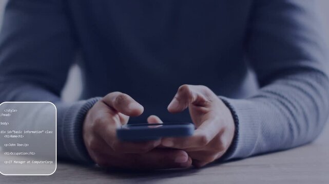 Man tapping smartphone at table, generating web code overlays shifting and highlighting name fields