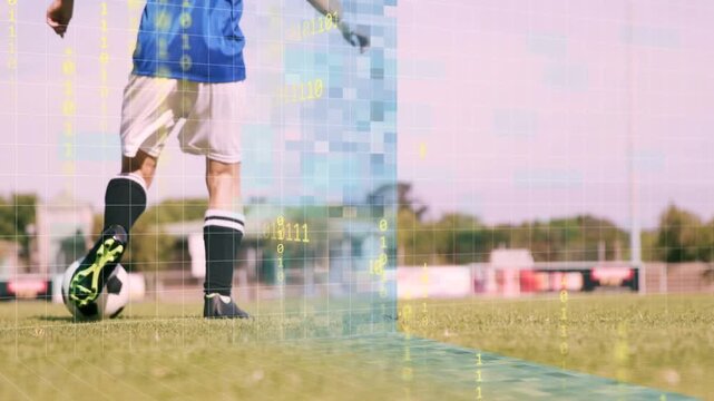 Female athlete controlling ball, causing binary overlay rising as dribbling and kicking in sports