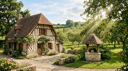 Fototapeta premium Charming Tudor cottage with stone well and apple trees in English countryside