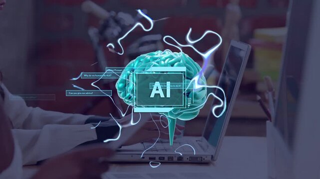 Woman typing laptop, 3D AI brain hovering, pulsing, emitting HUD panels visualizing tech assistance