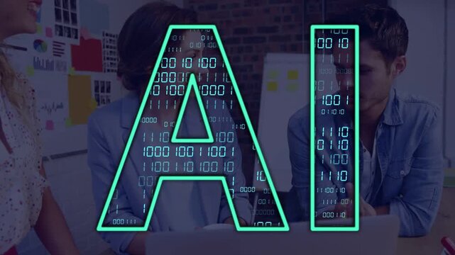 Left woman speaking, team clustering around laptop reviewing AI overlay binary digits for project