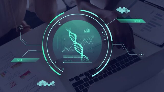 Holographic DNA UI appearing over laptop, two colleagues leaning, pointing, analyzing genetic data