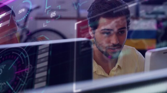 Tech dev noticing live data updating, checking keys, leaning, discussing with HUD overlays