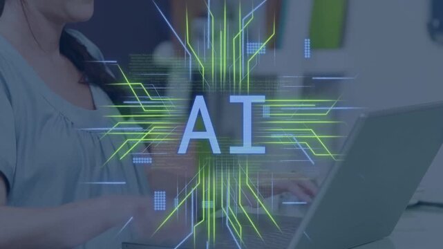 Woman typing on laptop, AI overlay appearing, pulsing circuit and scrolling code boosting tech work