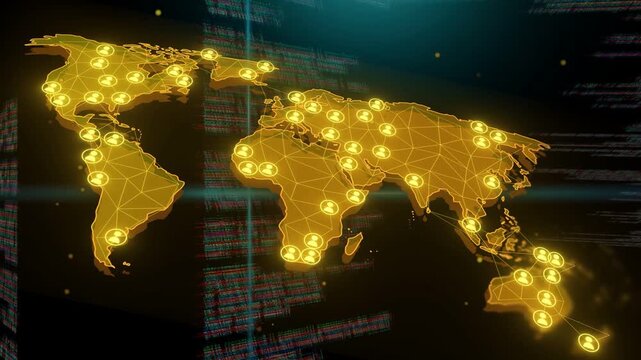 Stylized gold world map appearing on load, nodes pulsing, code scrolling, showing global data flow