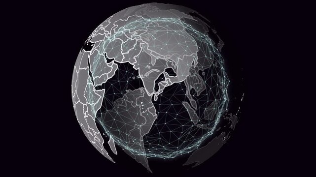 Stylized Earth globe rotating as camera starting orbit, revealing lands and glowing network nodes