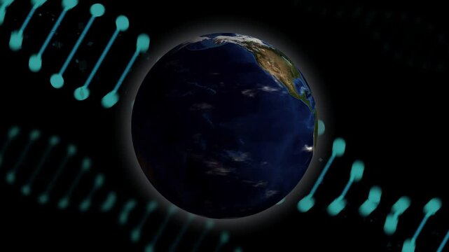 Neon route lines being drawn across rotating globe after cyan beam appearing showing global network