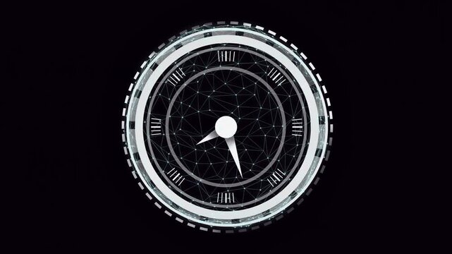 On start camera rotating disc to frontal view, hybrid clock pulsing, hands rotating, showing time