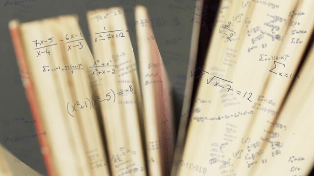Camera pulling back, two open books fanning pages, revealing math notation for study visualization