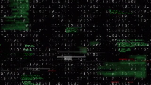 Binary matrix appearing, green code blocks shifting and smearing across scanline, showing data flow