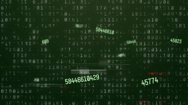 Dark green binary matrix starting, numeric tags drifting, glitch bars growing, showing data flow