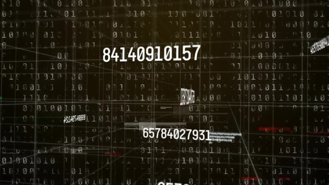 Camera dollying, large white numeric IDs appearing, scaling, drifting to show shifting binary grid