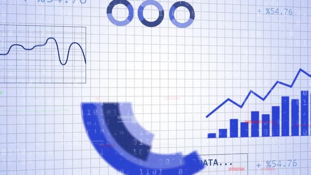 COLLECTING DATA box appearing, blue bar-line chart growing, binary arcs sliding, visualizing growth