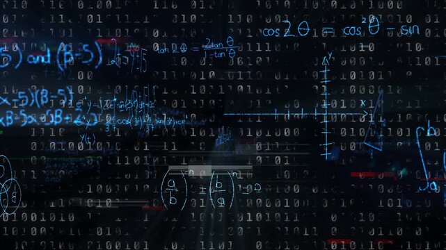 Scrolling binary matrix initiating neon-blue math marks drawing and expanding for visualizing math