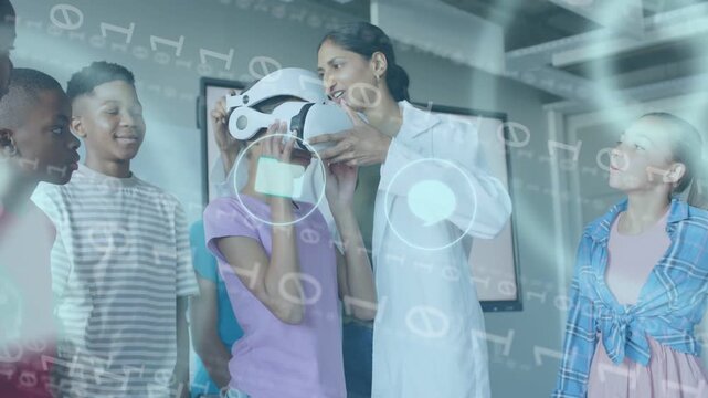 Teacher lifting VR headset toward girl in lab, animated circular UI activating virtual STEM demo