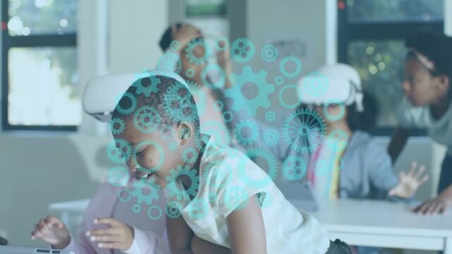 Girl leaning over tablet as peer donning VR for learning, peers assisting, gear overlay appearing
