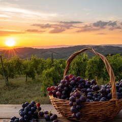 Obraz premium Grapes in a Basket During Sunset Over Vineyards in a Rural Area