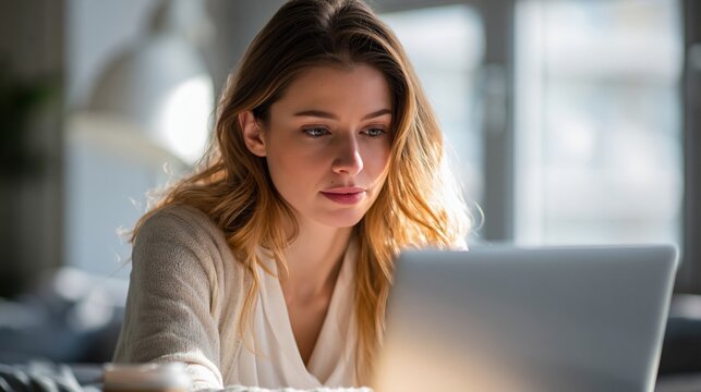 Young woman focused on laptop screen, working remotely or studying from home in soft natural light