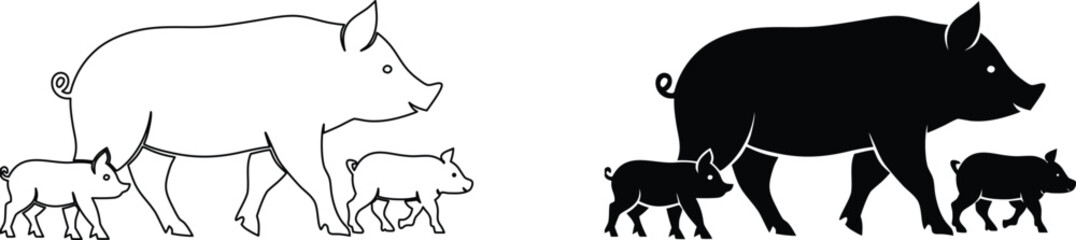 Farm pigs mother and two piglets graphic icons in simple line art and solid black style. © nidrarani