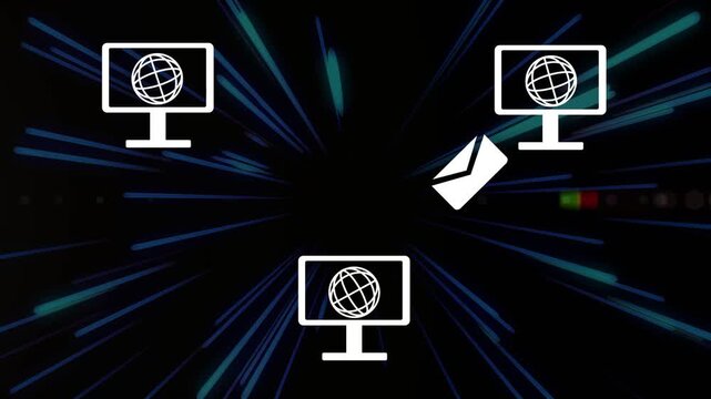 Envelope emerging left arcing toward three monitors, sending data while neon streaks pulsing