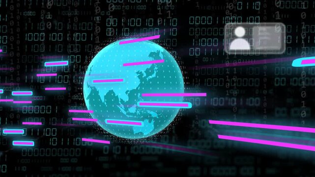 Neon streaks forming globe cyan globe drifting left user cards expanding network across binary grid