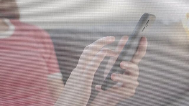 Adult female holding smartphone left index reaching and swiping angling upright browsing technology